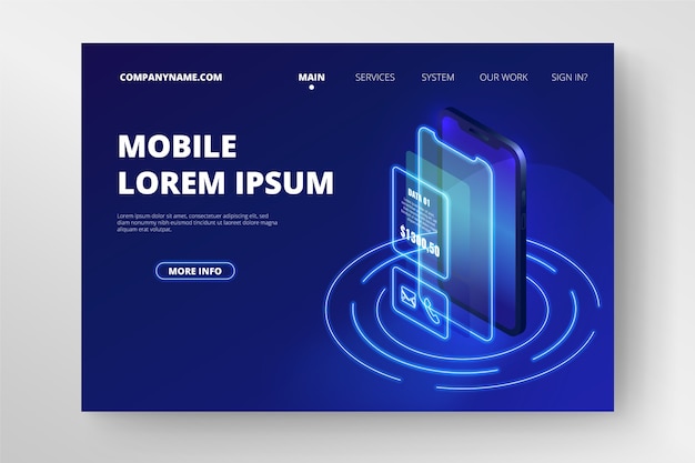 Página de inicio de plantilla de neón con teléfono inteligente