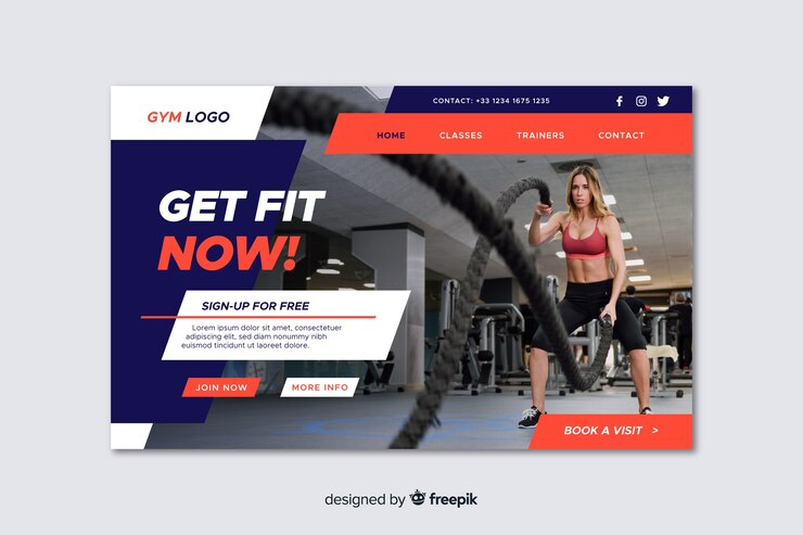 Vector gratuito página de inicio de promoción de gimnasio con foto