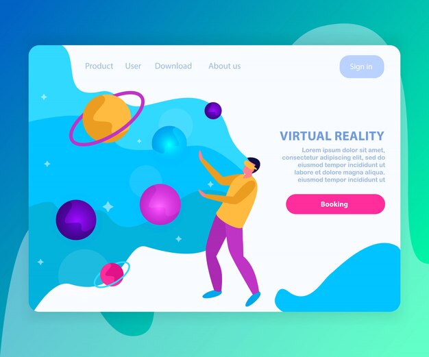 Página de inicio de realidad virtual plana y de color con página de reserva para el sitio de internet