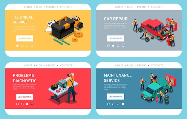 Página de inicio con reparación de automóviles, problemas de mantenimiento, diagnóstico, reemplazo de piezas, servicio técnico