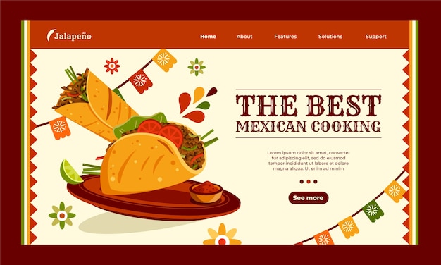 Página de inicio de restaurante de comida mexicana de diseño plano