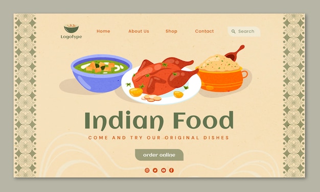 Vector gratuito página de inicio de restaurante indio de diseño plano