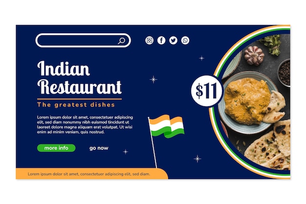 Vector gratuito página de inicio de restaurante indio de diseño plano