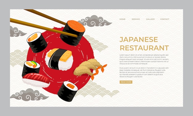 Página de inicio de restaurante japonés de diseño plano