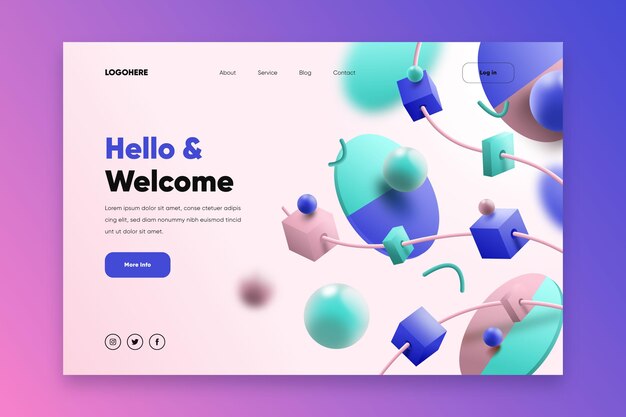 Página de inicio del sitio web creativo con formas 3d ilustradas