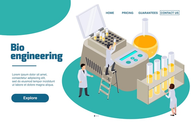 Página de inicio del sitio web isométrico de tecnología futura con enlaces e ilustraciones en los que se puede hacer clic