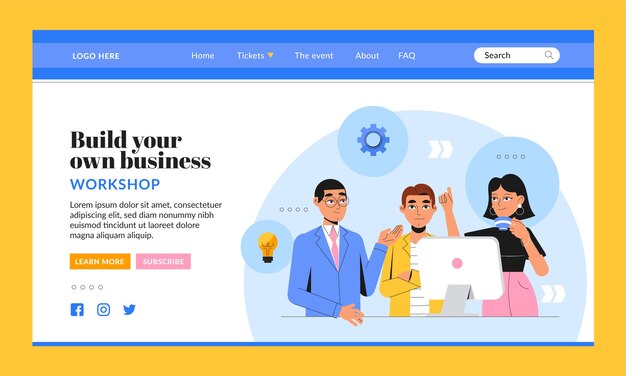 Página de inicio del taller de negocios de diseño plano