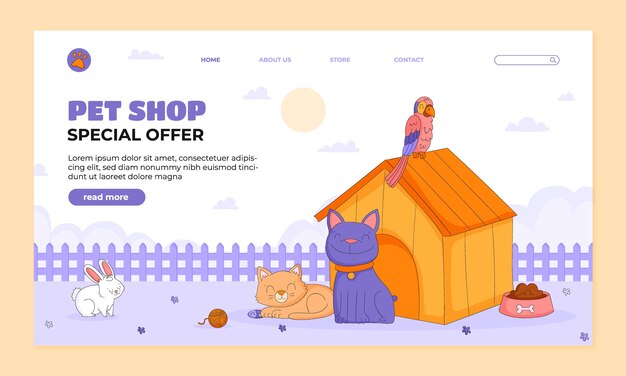 Página de inicio de la tienda de mascotas dibujada a mano