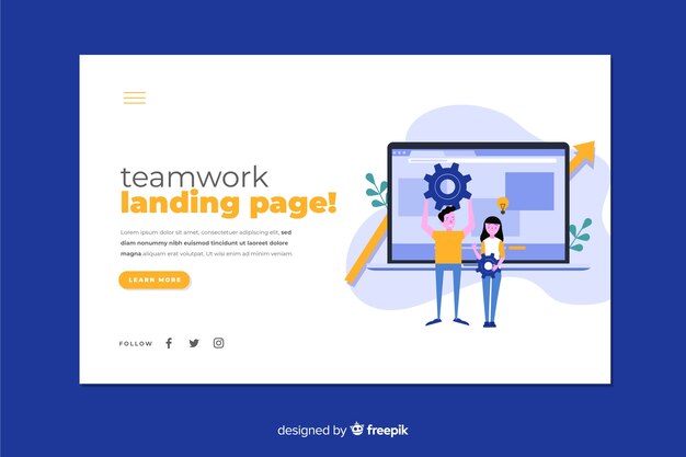 Página de inicio de trabajo en equipo con laptop y personajes de diseño plano