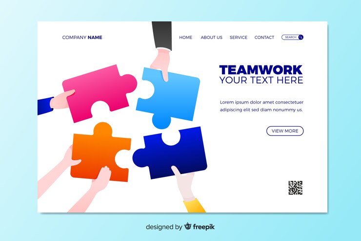 Vector gratuito página de inicio de trabajo en equipo con rompecabezas