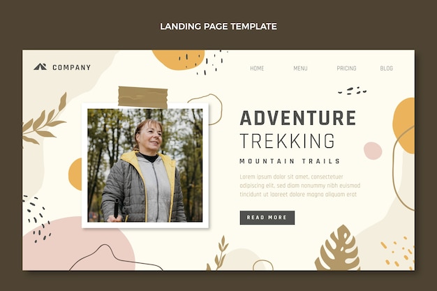 Vector gratuito página de inicio de trekking de diseño plano dibujado a mano