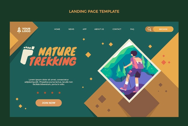 Vector gratuito página de inicio de trekking de naturaleza de diseño plano