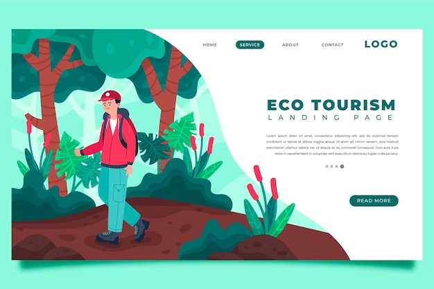 Vector gratuito página de inicio de turismo ecológico con hombre ilustrado