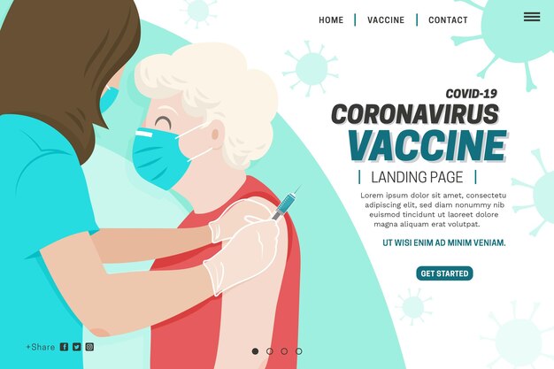 Página de inicio de la vacuna contra el coronavirus dibujada a mano plana