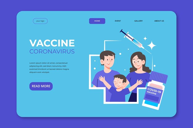 Página de inicio de la vacuna contra el coronavirus dibujada a mano plana