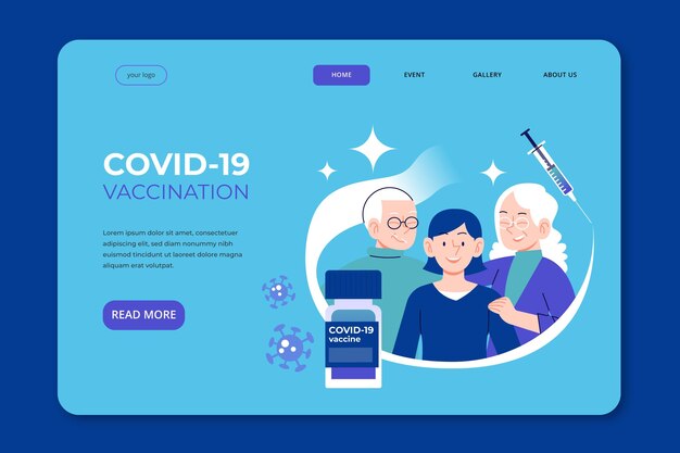 Página de inicio de la vacuna contra el coronavirus dibujada a mano plana