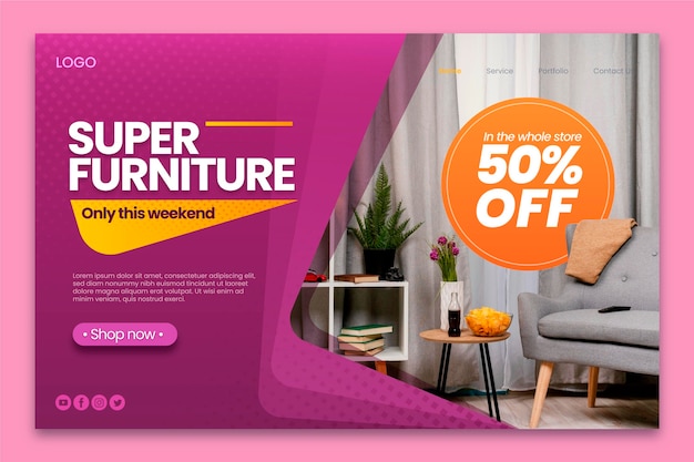 Vector gratuito página de inicio de venta de muebles degradados con foto