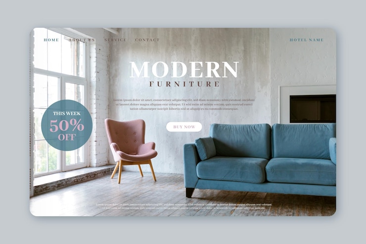 Vector gratuito página de inicio de venta de muebles planos con foto