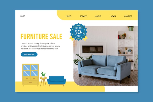 Vector gratuito página de inicio de venta de muebles planos con foto