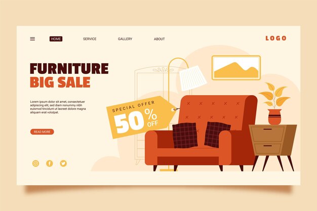 Página de inicio de venta de muebles planos orgánicos
