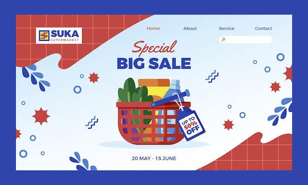 Página de inicio de venta de supermercado de diseño plano