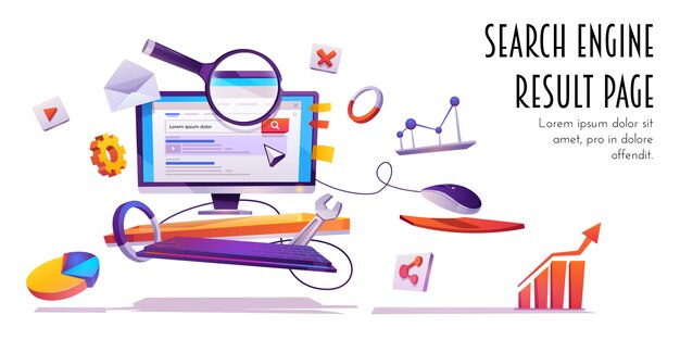 Página de resultados del motor de búsqueda, banner de dibujos animados SERP.