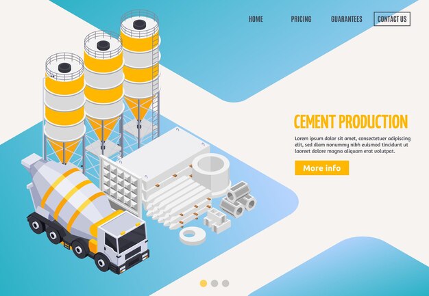 Página de sitio web de aterrizaje isométrico de producción de cemento concreto