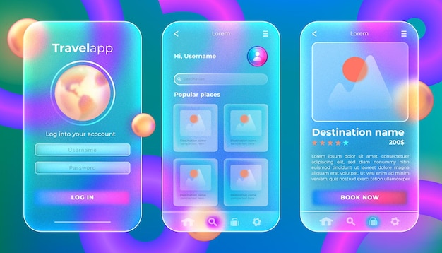 Página web de aplicaciones de viajes gui diseño en estilo glassmorphism kits de interfaz móvil para diseñadores de interfaz de usuario plantilla vectorial de aplicación móvil de acrílico congelado con pantallas de gradiente púrpura ux para la planificación de viajes