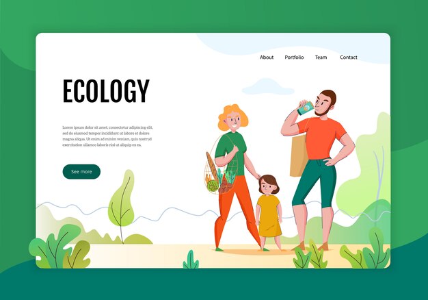 Página web de banner plano de concepto de residuos cero con familia utilizando productos ecológicos sostenibles y naturales