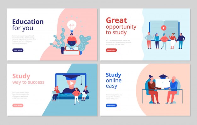 Página web de banners de concepto plano de educación en línea con cursos certificados de formación universitaria