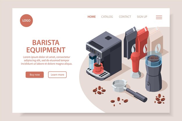 Página web isométrica del equipo de café barista profesional
