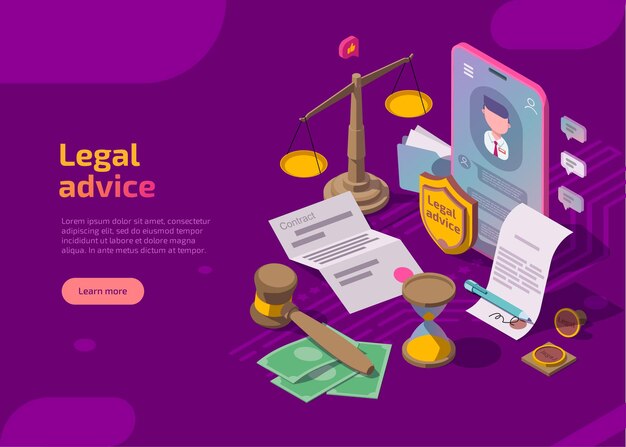 Página web isométrica con escalas, teléfono, martillo, reloj de arena, sello y documentos.