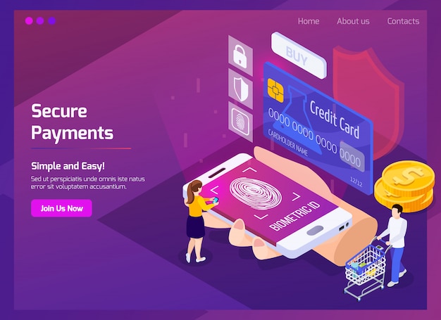 Página web isométrica de pagos seguros de tecnología financiera con elementos de brillo e interfaz en púrpura