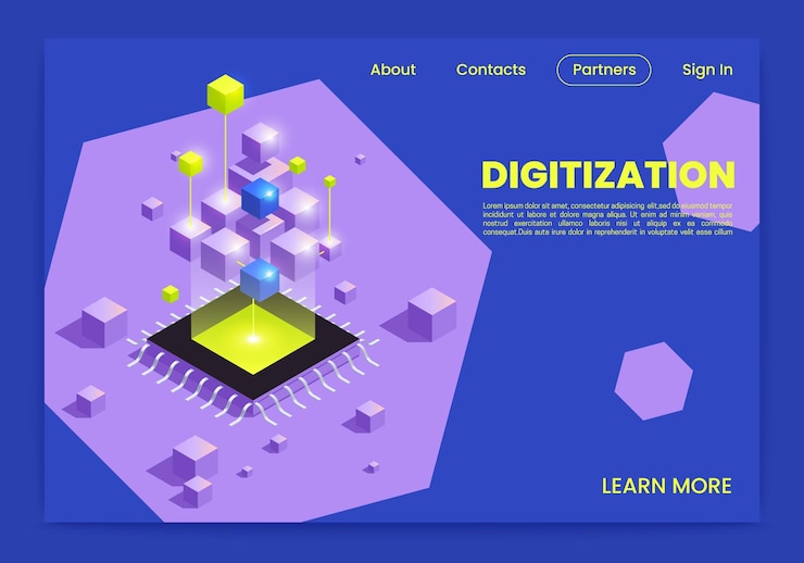 Vector gratuito página web isométrica de transformación digital y digitalización con ilustración de vector de símbolo de microchip