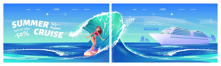 Vector gratuito páginas de aterrizaje de dibujos animados de cruceros de verano con una niña surfeando las olas del océano a bordo y un revestimiento blanco de lujo en el paisaje marino.