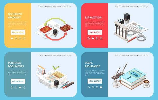Páginas de destino de los servicios de la embajada que brindan información sobre la recuperación de documentos de asistencia legal apoyo personal extradición ilustración vectorial isométrica