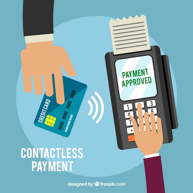 Pago contactless con tarjeta y manos planas