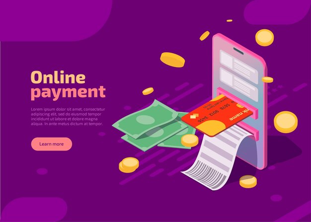 Pago en línea ilustración isométrica transacciones financieras y pagos por internet