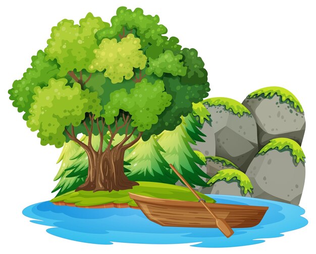 Paisaje aislado de la isla con barco de madera