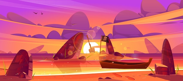 Paisaje al atardecer del barco de la playa del mar y la isla en el agua con la bandera pirata y la ilustración de dibujos animados de pala