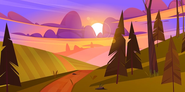 Vector gratuito paisaje al atardecer con campos, colinas y bosques.