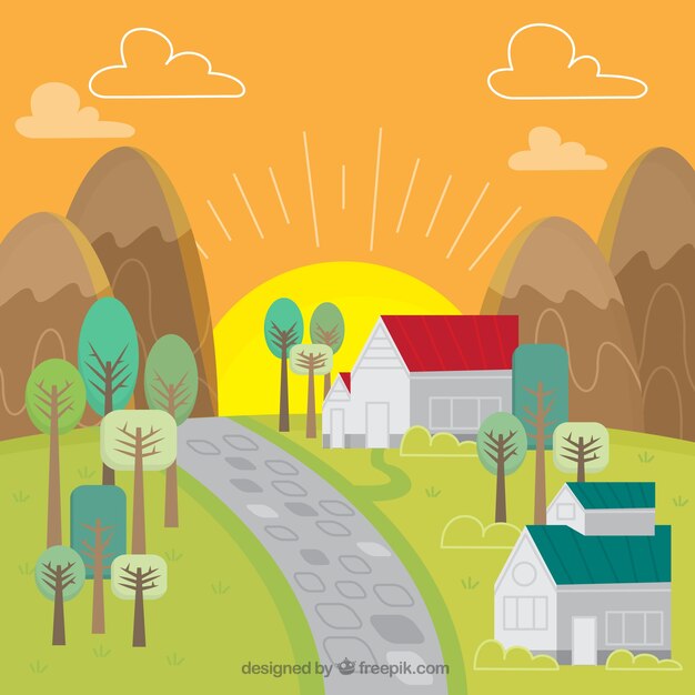 Paisaje de amanecer con casas dibujadas a mano