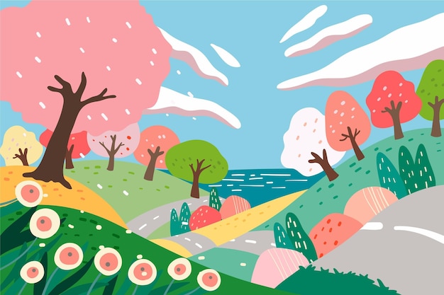 Vector gratuito paisaje de árboles coloridos dibujados a mano