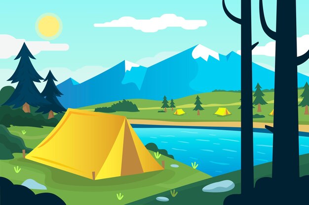 Paisaje de área de camping de diseño plano con carpa y montaña