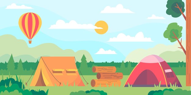 Paisaje de área de camping de diseño plano con carpas y globo aerostático