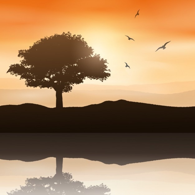 Vector gratuito paisaje de un atardecer con árbol y pájaros