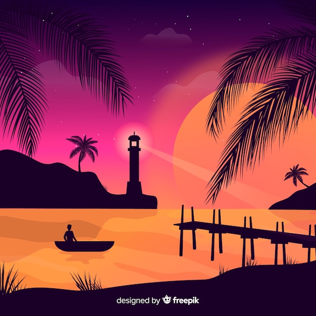 Vector gratuito paisaje de atardecer en la playa con degradado