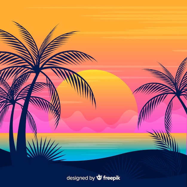 Vector gratuito paisaje de atardecer en la playa con degradado