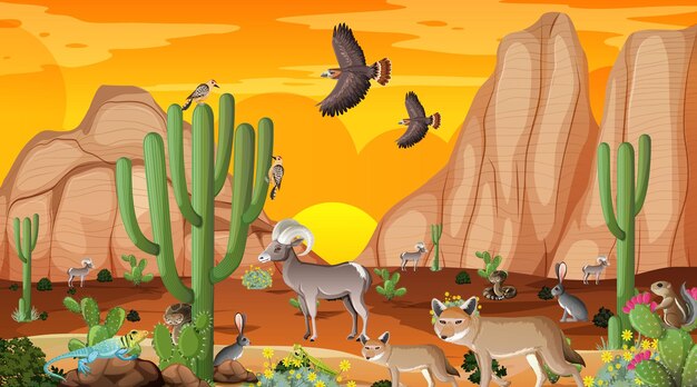 Paisaje de bosque desértico en la escena del atardecer con animales salvajes
