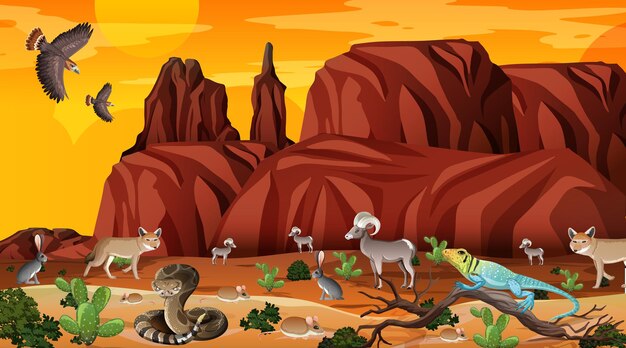 Paisaje de bosque desértico en la escena del atardecer con animales salvajes